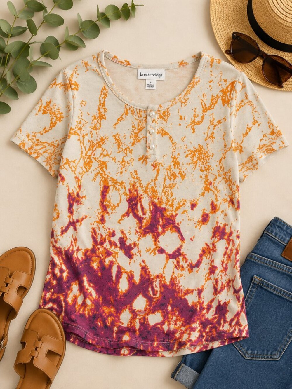 Breckenridge Abstract Print Henley Top Size Small Stretch Short Sleeve Tee